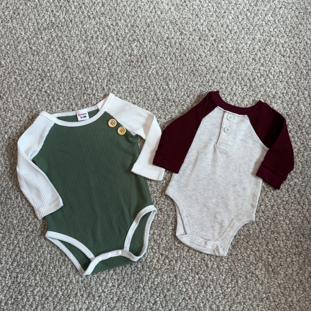 Baby Boys Waffle Knit Raglan Bodysuits Set Size 0-3 Months Green Maroon
